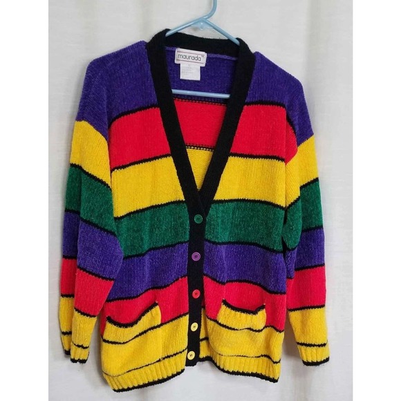 Maurada Sweaters - Vintage Maurada Medium Primary Colors Colorblock Stripe Chenille Cardigan